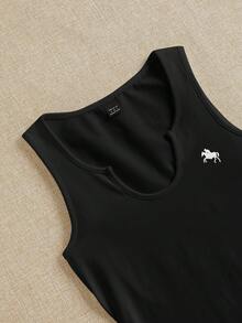 SHEIN EZwear Pony Embroidery Decor Sleeveless Low-Cut Wide U-Neck Midi Dress For Women Spring Black Dress Summer Bodycon Summer Dress - Black - View 3