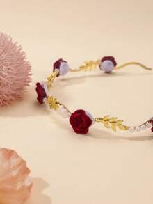 Enchnt 1pc Rose & Faux Pearl Headband, Vintage Alloy Material Hair Accessory, Retro High-End Hair Clip Hairpin, Niche Design Crown Top Hair Hoop Ornament,Hairband,Hair Hoop Headbands - Gold - View 2