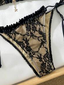 Swim Mod Women's Jacquard Fabric Halter Neck Floral Trim Bikini Set, Spring/Summer - Black - View 7