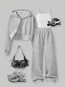 SHEIN ChillGRL 适合少女的 3 件套休闲时尚套装，包括纯色羊毛连帽夹克、吊带背心和阔腿裤，适合日常穿着、通勤和上学