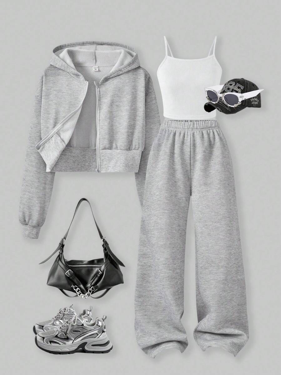 SHEIN ChillGRL 适合少女的 3 件套休闲时尚套装，包括纯色羊毛连帽夹克、吊带背心和阔腿裤，适合日常穿着、通勤和上学