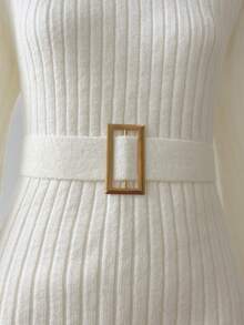 GlowEve 秋冬新款金属可调节扣腰带，高领喇叭袖休闲舒适时尚优雅毛衣裙，适合多种场合 - 白色 - 查看 5