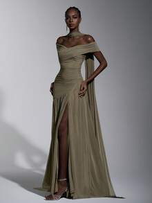 Elitara 优雅灰色极简露肩褶皱不对称A字高开衩连衣裙，适合婚礼、正式活动、晚宴和鸡尾酒会等场合。 - 灰色 - 查看 6