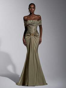 Elitara Elegant Green 3D Lace Beaded Satin Patchwork Strapless Off Shoulder Fishbone Pleated Waist Butterfly Metal Decor Front Draped Fishtail Formal Dress, Suitable For All Formal Occasions, Weddings - Olive Green - View 3