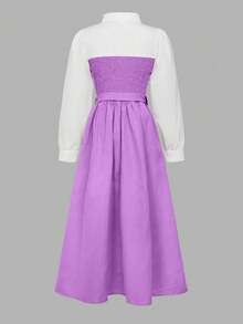 1pc Girls Elegant Conservative Style Long Sleeve Collared Patchwork Dress, 2-In-1 Layered Design, Smooth Fabric, Suitable For Spring/Autumn Commute And Everyday Wear - Purple - View 2