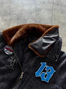 AXEPEAK 男士字母贴布拉链休闲夹克，带毛领 - 黑色 - 查看 6