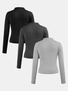 SHEIN Conjunto de 3 blusas casuais de malha com gola alta e manga comprida para meninas pré-adolescentes, modelo básico para sobreposição de peças no outono/inverno, nas cores preto, cinza escuro e cinza espartilho. - Cinza - Ver 2