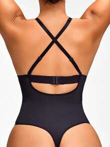 SHEIN Shaping Plunge Deep-V Shapewear Thong Bodysuit Body Shaper Butt Lifter With Adjustable Straps-Tummy Waist Thigh Control - Black - View 2