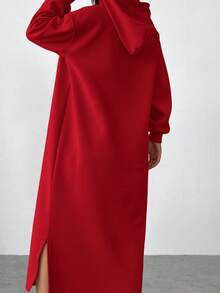 SHEIN EZwear 女士宽松红色纯色套头卫衣连衣裙，落肩长袖开衩下摆，休闲风格，红色女式卫衣连衣裙，女士连帽连衣裙，两件套休闲套装，女士宽松卫衣，女士红色连帽连衣裙 - 紅色 - 查看 7
