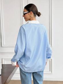 SHEIN Frenchy 女士清新条纹 Polo 领长袖衬衫 - 藍白色 - 查看 2