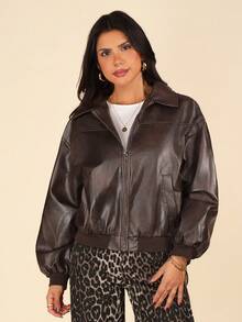 Coeurva Women's Fashionable New Distressed Leather Jacket, Autumn - Brown - View 6