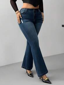 Hourglow Plus Size Women Casual Commuter Street Distressed Flare Jeans/Autumn /Winter - Blue - View 4