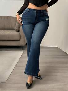 Hourglow Plus Size Women Casual Commuter Street Distressed Flare Jeans/Autumn /Winter - Blue - View 11
