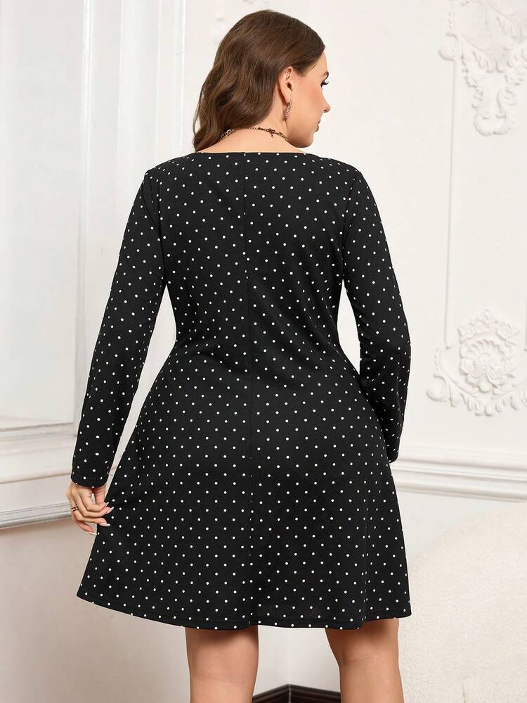 Plus Size Elegant Polka Dot Print Waist Cinched Midi Dress,Black And White Tea Party Autumn Winter Outfit For Women,Long Sleeve Casual Party Dresses