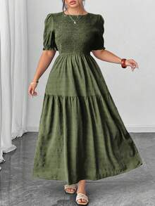 Elenzga Shien Holidaya 大码泡泡袖褶皱荷叶边连衣裙 - 軍綠色 - 查看 3