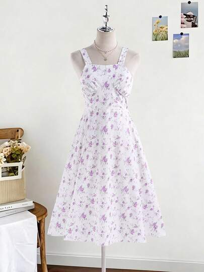 SHEIN 2件套少女春秋季休闲罗纹针织开衫，饰有蝴蝶结和优雅花卉印花，搭配简约无袖连衣裙