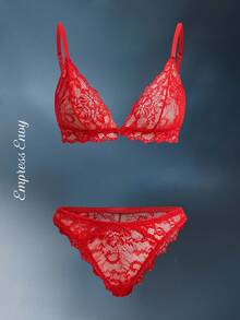 SHEIN Women's Solid Color Lace Sexy Lingerie Set Bridal Lingerie For Going Out, Baddie Look - Red - View 6