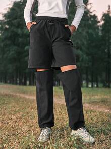 SHEIN In My Nature 女士字母印花抽绳拉链徒步裤 - 黑色 - 查看 6