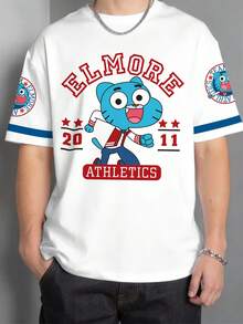 GUMBALL X SHEIN 青少年男孩休闲街头卡通字母图案短袖 T 恤，夏季 - 白色 - 查看 1