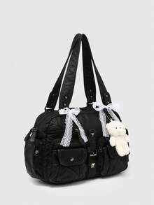 ROMWE Kawaii 女士复古做旧渐变十字架和心形吊坠装饰蝴蝶结肩带手提包，大容量单肩包，带多个口袋 - 油黑 - 查看 3