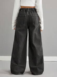 SHEIN Jeans holgados con bolsillos para niñas preadolescentes - Negro - Ver 2