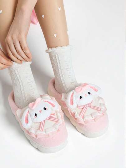 ROMWE Kawaii 女士可爱毛绒蝴蝶结拖鞋，温暖的室内家居拖鞋，粉色平底鞋，家居拖鞋，冬季鞋，女士，万圣节和圣诞节拖鞋