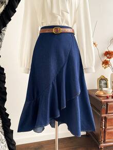 Vintamour Falda vaquera asimétrica con volantes en el bajo, para uso casual, laboral y de tránsito, sin cinturón incluido - Azul lavado oscuro - Ver 1