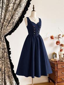 Vintamour Váy nữ thanh lịch cổ điển có túi, dây xích hai hàng khuy, nút kim loại, váy nghỉ mát thường ngày, quần áo mùa thu, quần áo mùa thu cho phụ nữ, trang phục mùa thu cho phụ nữ, trang phục mùa thu cho phụ nữ, váy mùa thu cho phụ nữ, váy mùa đông cho phụ nữ, quần áo mùa đông cho phụ nữ, quần áo Giáng sinh cho phụ nữ, trang phục Giáng sinh - Màu xanh hải quân - Xem 5