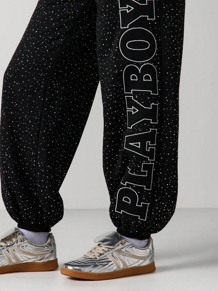 Missguided x Playboy Pantalones de chándal de cintura alta con cordón, estampado de lunares, bolsillos laterales y gráfico con texto, pantalones casuales cómodos y deportivos