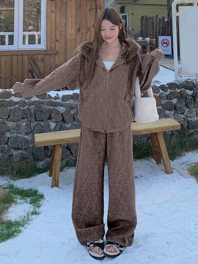 DAZY 女士休闲纯色连帽衫和裤子两件套，秋冬家居服套装