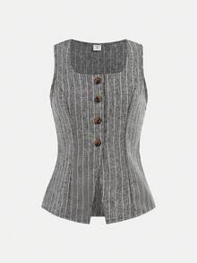 SHEIN Tween Girl Casual Elegant Commute Street Chic Jacquard Striped Button Front Sleeveless Top And Straight Leg Pants Set - Light Grey - View 8