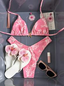 Swim Mod 女士随机印花挂脖金属装饰比基尼套装，春夏款 - 彩色 - 查看 2