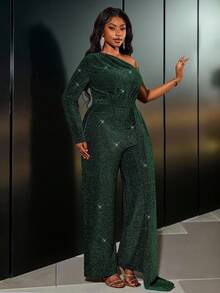 Truni Große Größen Eleganter asymmetrischer Taille Straight Leg Jumpsuit in Grün für Damen, geeignet als Partykleidung, grüner Kurven-Geburtstagsoutfit mit funkelnden smaragdgrünen Pailletten, für Birnenform/Dreiecksfigur/2026/Neujahr - Grün - Übersicht 5