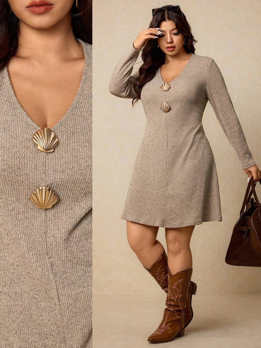 Elaquor Vestido casual de manga larga de unicolor para mujer de talla grande - Albaricoque - Ver 1