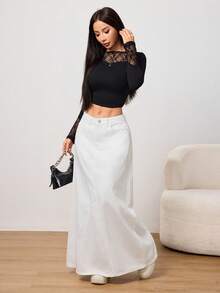 SHEIN PETITE 女士纯白色休闲通勤风百搭时尚舒适斜插口袋A字超长牛仔裙，秋冬季