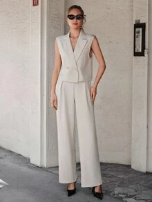 CLARA VERO 女士条纹翻领宽肩背心和裤子休闲套装、Co Ord、假日服装、小号 Co Ord 套装 - 米色 - 查看 4