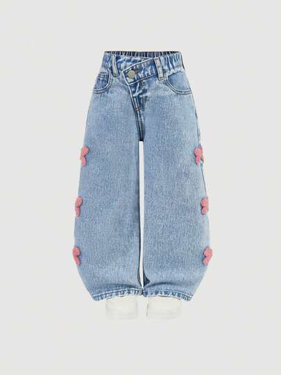 Young Girl 3D Bow Decor Asymmetric Waist Wide Leg Jeans