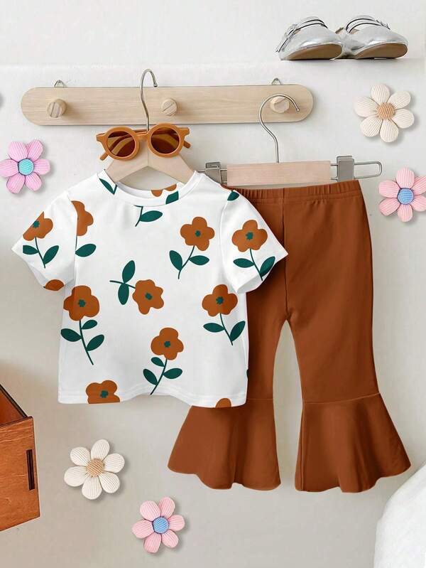1 Set Baby Girl 0-3 Years 2Pcs Casual Chic Floral Print Short Sleeve Round Neck T-Shirt And Solid Color Bell-Bottom Pants Outfit, Suitable For Spring/Summer, Daily, Outdoor, Fashion Basic Outfits