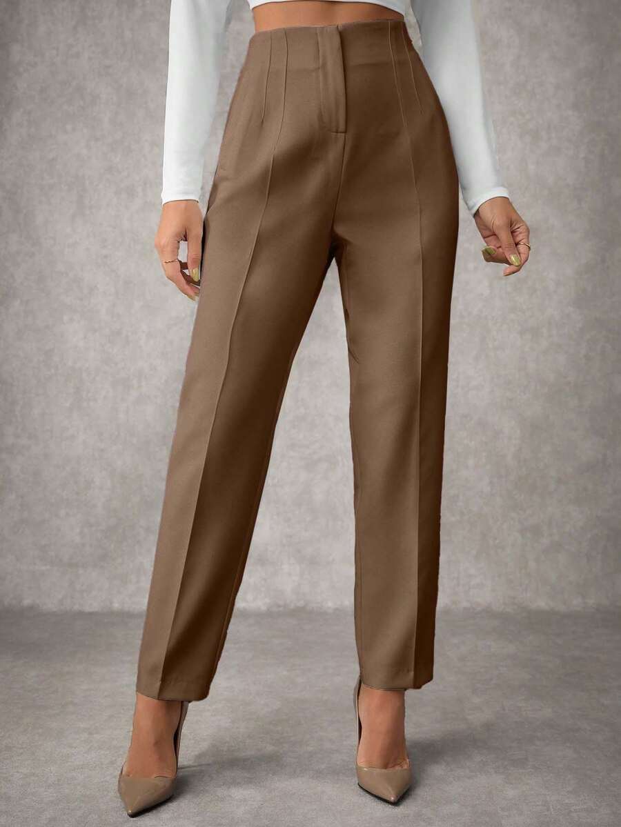 EURMUSE Women's Solid Carrot Shaped Detailed Suit Pants - Brown - View 1