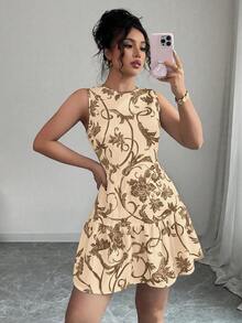 Elenzga 最新款印花圆领无袖收腰女士短款连衣裙，春夏款 - 棕色 - 查看 3