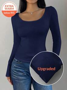 SHEIN BASICS Women's Casual Solid Color Knit Scoop Neck Long Sleeve Slim Fit T-Shirt, Upgraded Thermal Fabric, Thermal Lined Without Bulkiness, Slim Fitted Stretch Undershirt Tee Blouse For Fall And Winter Dark Blue Top Navy Blue Tops Basic Top - Navy Blue - View 1