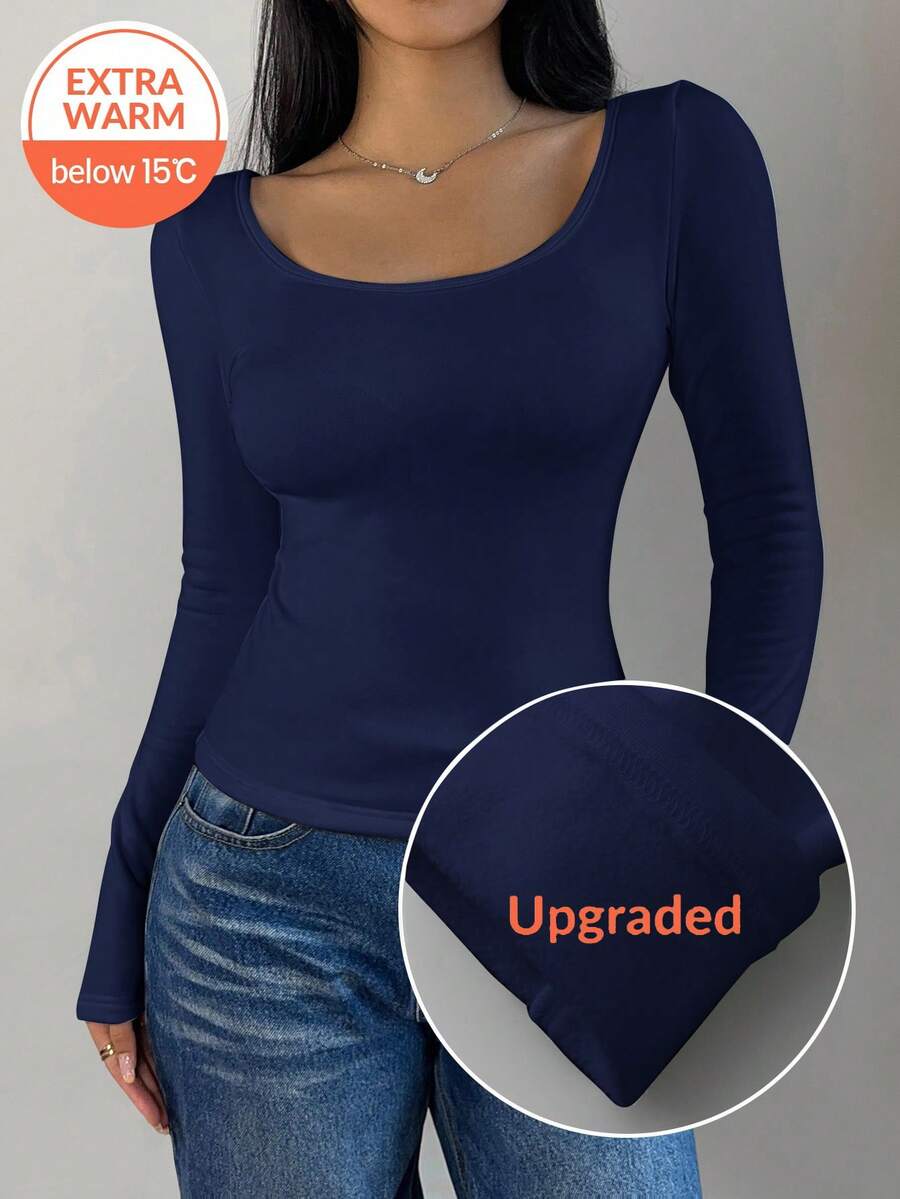 SHEIN BASICS Women's Casual Solid Color Knit Scoop Neck Long Sleeve Slim Fit T-Shirt, Upgraded Thermal Fabric, Thermal Lined Without Bulkiness, Slim Fitted Stretch Undershirt Tee Blouse For Fall And Winter Dark Blue Top Navy Blue Tops Basic Top - Navy Blue - View 1