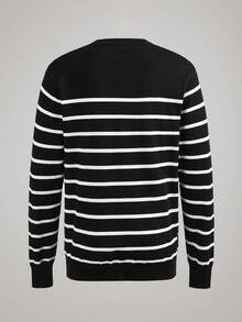 Officeau Men's Striped Crew Neck Black Knit Sweater, Long Sleeve , Fall Winter - Black - View 2