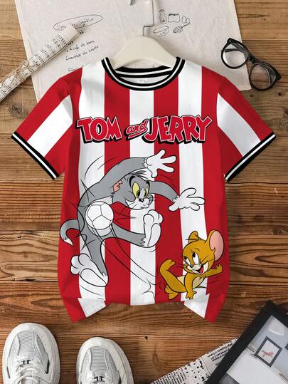 TOM & JERRY X SHEIN 青少年男孩夏季休闲运动学院风趣味可爱卡通字母印花红白条纹短袖 T 恤