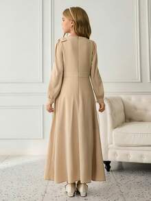 少女V领长袖纯色连衣裙，秋季 - 杏色 - 查看 2