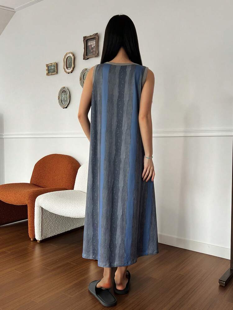 Striped Pattern Sleeveless Loose Nightgown, Women Loungewear Dress