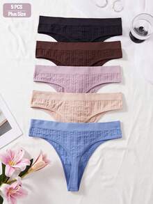 SHEIN 5pcs Women Plus Size Basic Solid Seamless Comfortable Ribbed Knitted Sexy Thong Panties - Multicolor - View 2