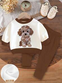 女婴休闲可爱小狗图案保暖柔软加厚圆领长袖卫衣和打底裤套装，适合秋冬季穿着 - 彩色 - 查看 2