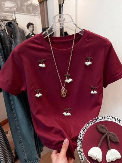 Resyla Camiseta de cuello redondo de manga corta regular y minimalista con diseño de cerezas para mujer, regalo para amigos