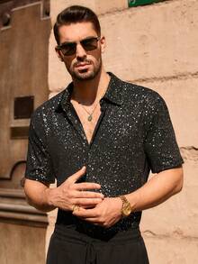 HIMLAND Áo sơ mi nam thời trang dự tiệc đính sequin, cài một hàng khuy, tay ngắn, phong cách Vegas Night. - màu đen - Xem 4